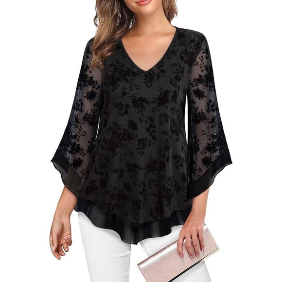 Tops - Womens Blouse Double Layers Mesh Floral Ruffle 3/4 Sleeve Tunic Top